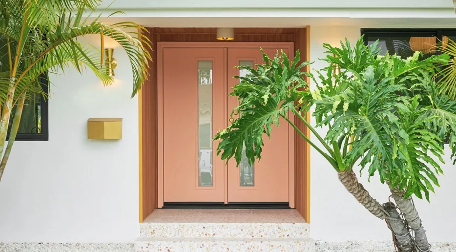 A group of palm trees on a sunny window