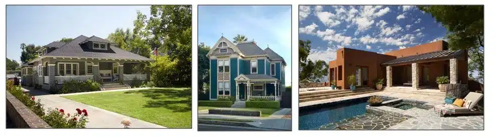 Three different images of houses painted in different colors.