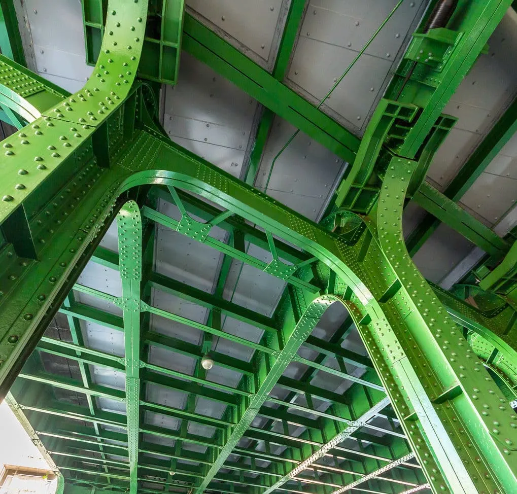 A close up of a green building