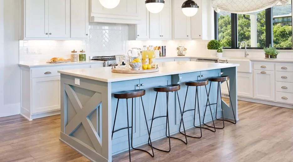 light blue kitchen island