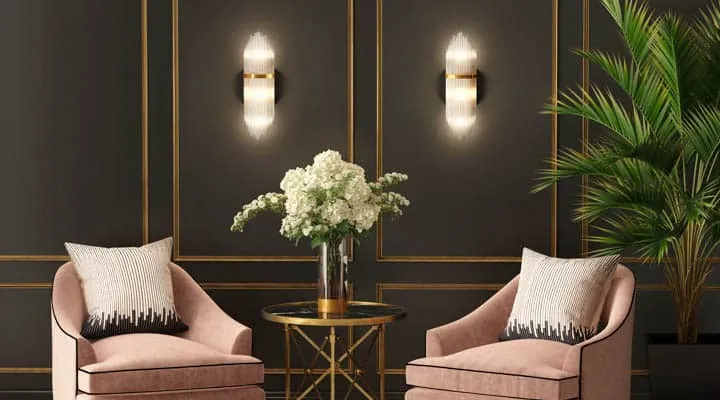 Art deco black and salmon eclectic luxury living room A living room filled with furniture and a lamp