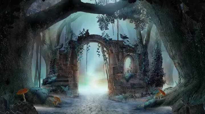 Archway in an enchanted fairy forest landscape, misty dark mood, A stone fireplace