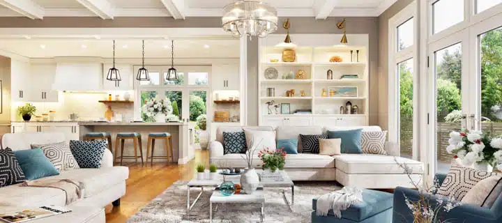 Luxurious interior design living room and white kitchen. Open pl A living room filled with furniture and a large window