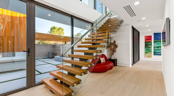 A wooden bench in a room