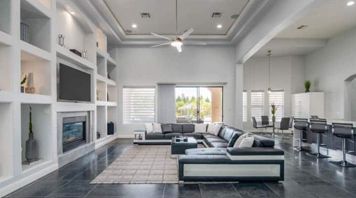 A room filled with furniture and a large window