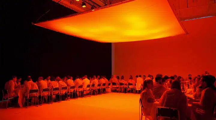 COLOR-FEAST-1 A man standing in front of a crowd of people in a dark room