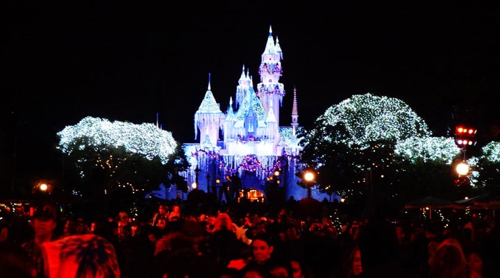 A group of people in front of a large crowd at night