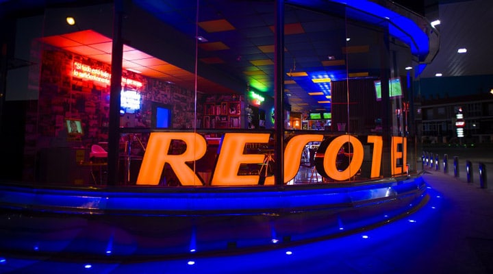 A store front at night