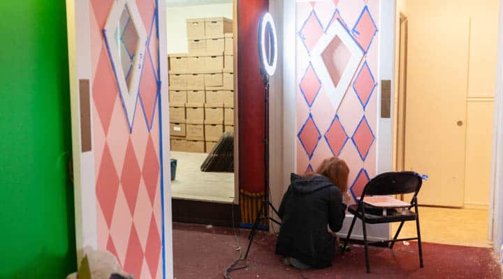 A chair sitting in front of a door