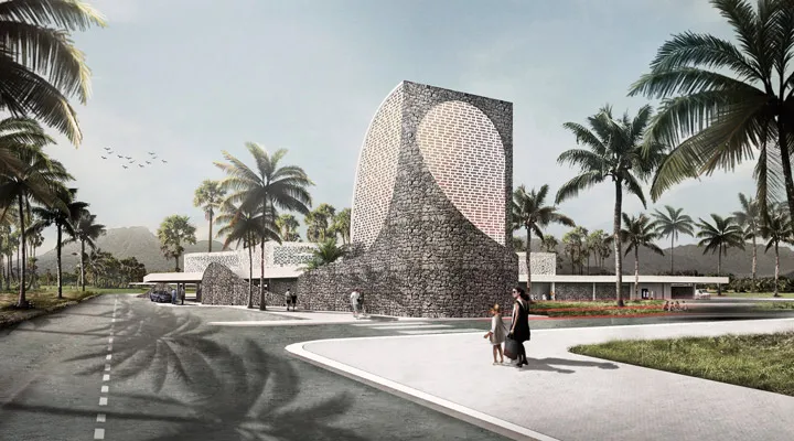 Ospital-Pacifica-de-Juan-and-Juana-Angara A person riding a skateboard down a sidewalk next to a palm tree