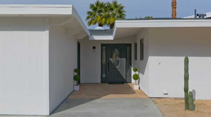 A living area with a building in the background