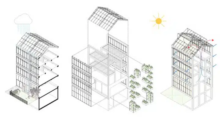 vertical-farm-sunlight-cooling-plan-720px Diagram, engineering drawing