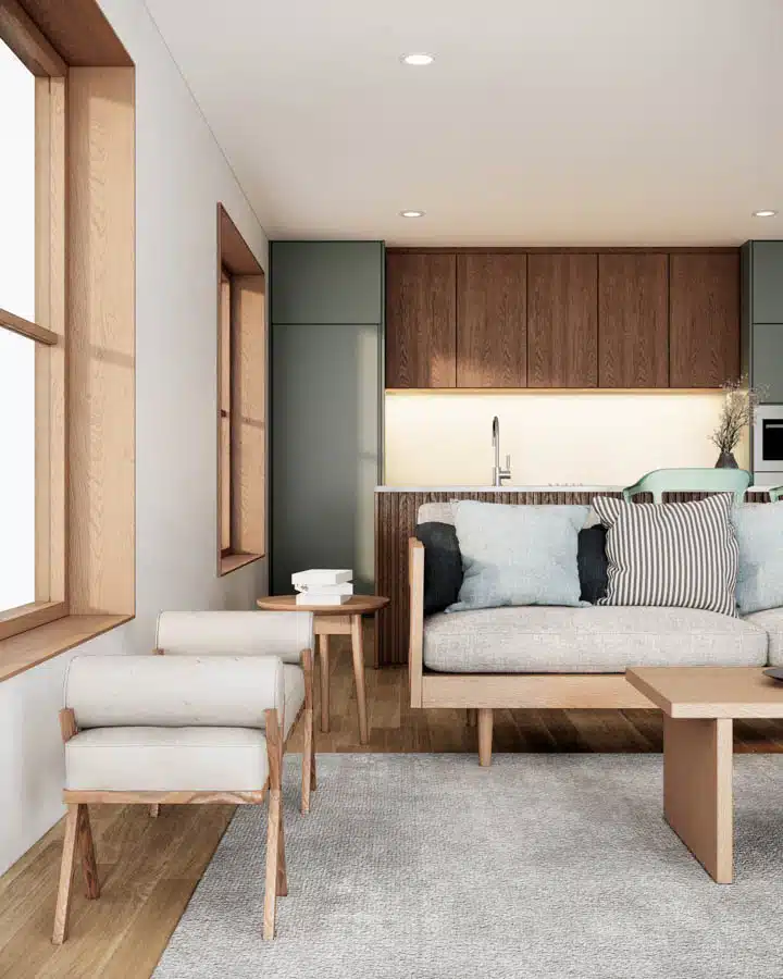 Japandi style room interior design with wooden furniture and lar A living room filled with furniture and a large window