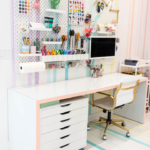 A desk with a computer on a table