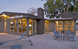A bench in front of a building