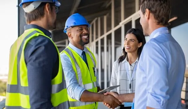 Smiling engineer shaking hands at construction site with happy architect. Handshake between cheerful african construction manager with businessman at bulding site. Team of workers with architects and contractor conclude an agreement with safety uniform.