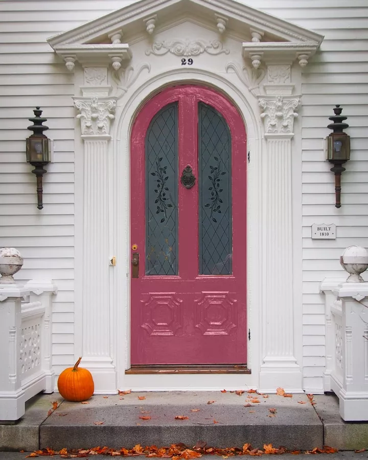 A cat sitting on a bench in front of a door