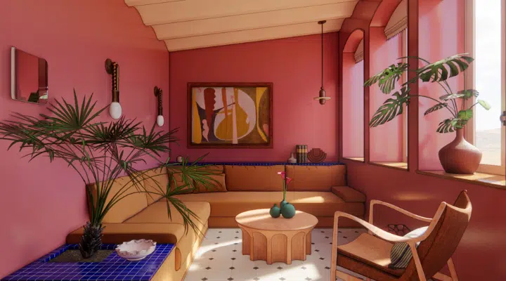 Una habitación llena de muebles y un jarrón de flores sobre una mesa