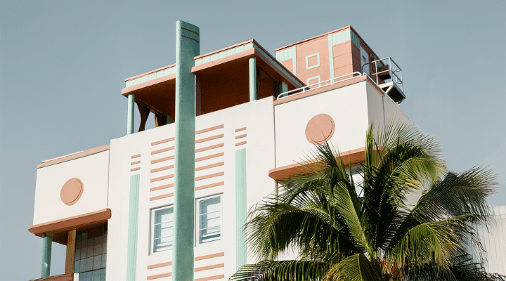 A group of palm trees on the side of a building