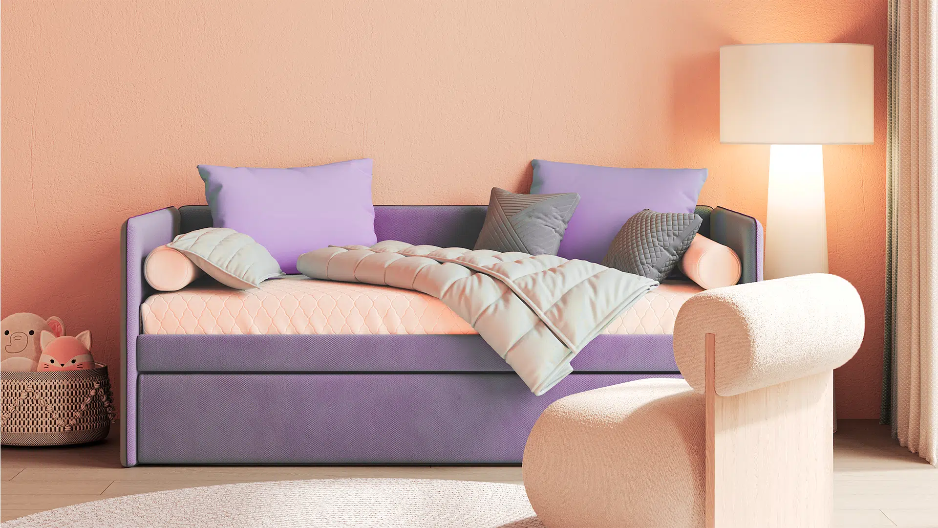 A view of a living room with a purple chair