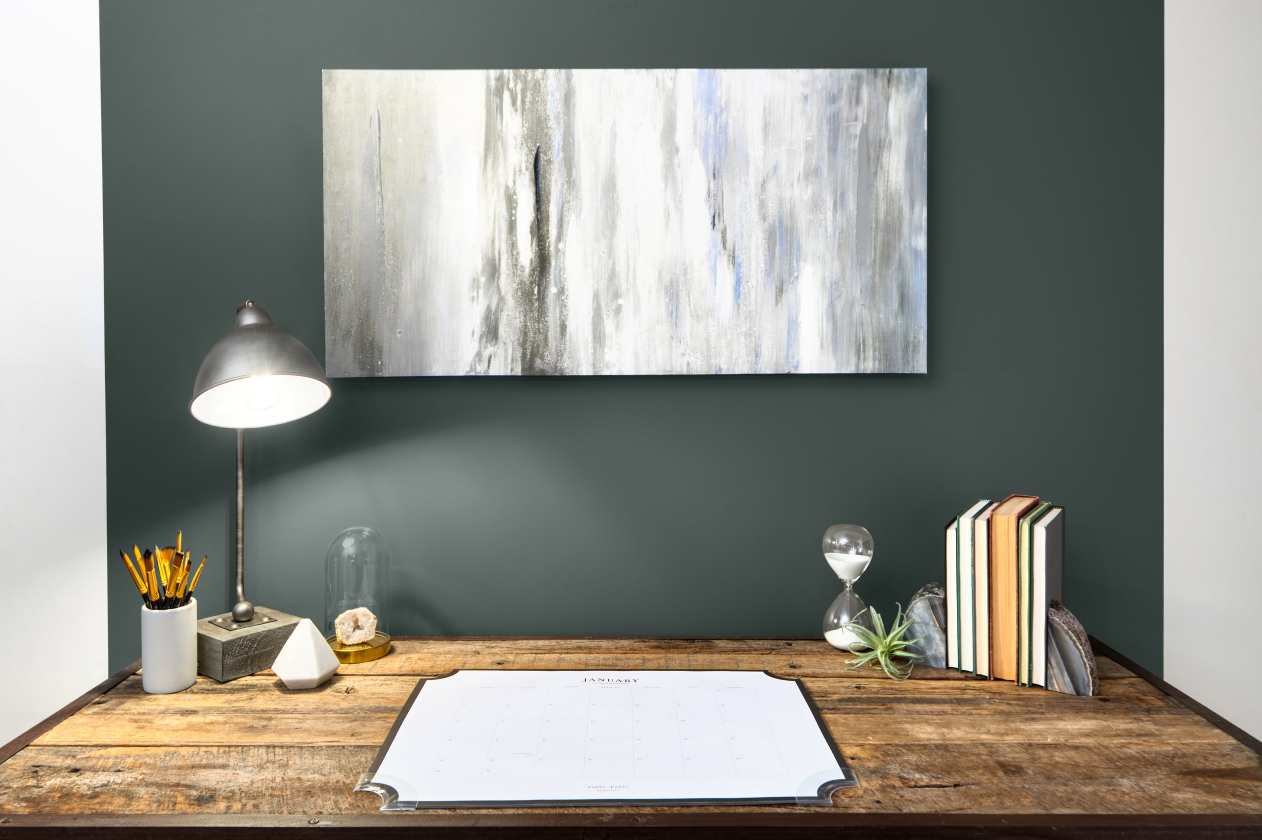 A bedroom with a large mirror