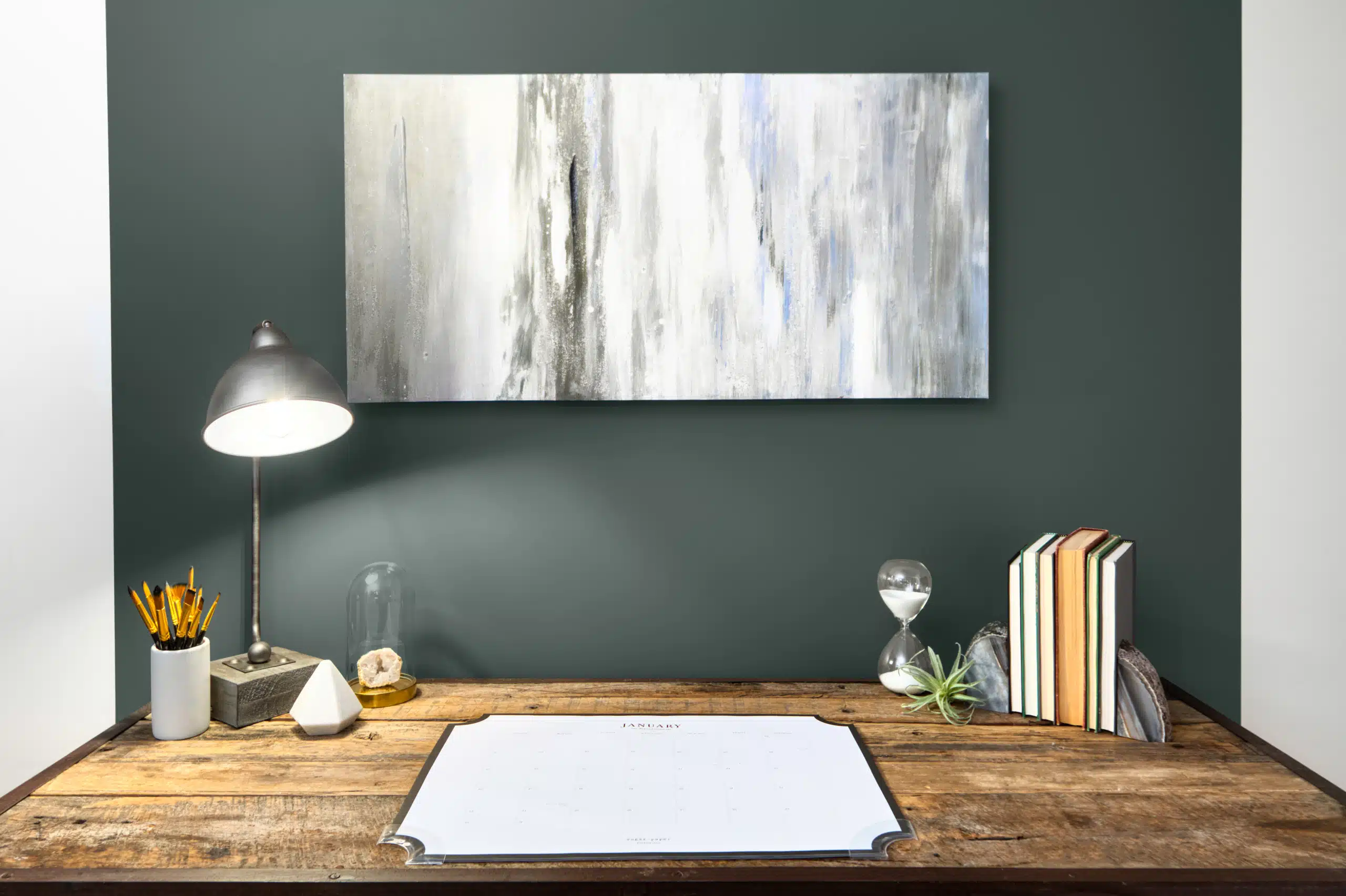 A bedroom with a large mirror