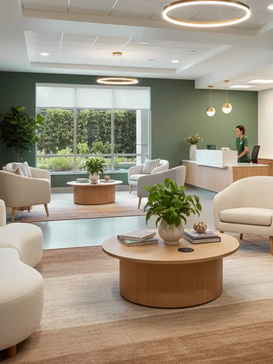 A living room filled with furniture and a large window