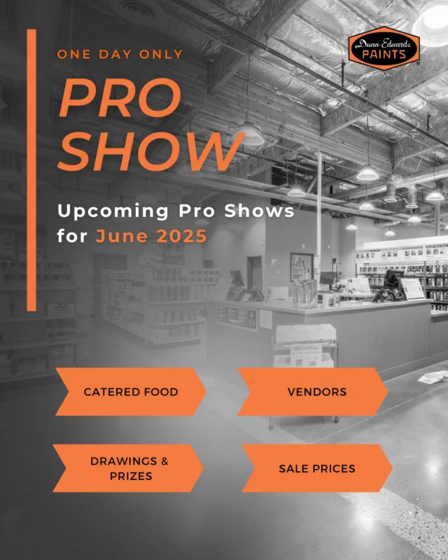 It's a new month, which means we have more Pro Shows for you to attend! 🤩Stop by a Pro Show in your area to purchase discounted paint products, enjoy catered food, network with vendors, and enter for a chance to win a multitude of prizes. Mark your calendars, you'll want to attend these upcoming events!Interested in knowing more? Contact any one of the listed Dunn-Edwards store to learn more about their specific Pro Show.