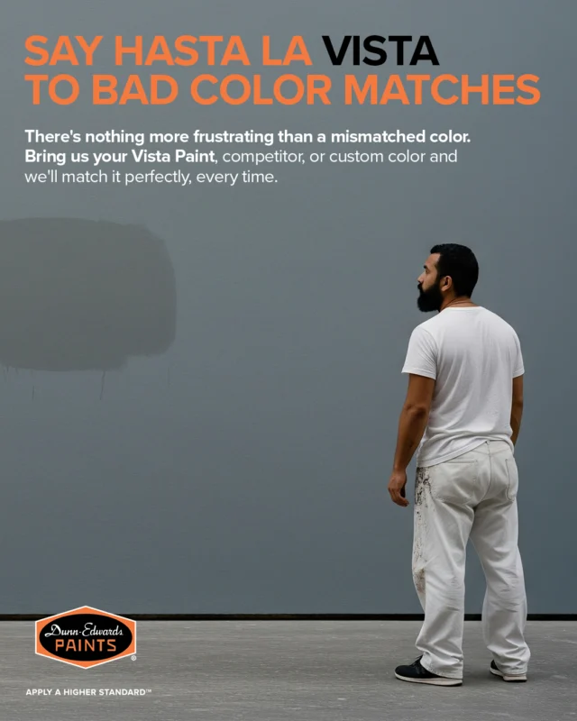 Hasta La Vista, Bad Color Matches. 👋There’s nothing more frustrating than a mismatched color. Don’t settle for ‘close enough’—get precision color matching. Trust your local experts at Dunn-Edwards to perfectly match Vista Paint or other competitor colors every single time!Visit a store to get your perfect match.ES:Hasta la vista a los colores que no coinciden. 👋No hay nada más frustrante que un color que no coincide. No te conformes con 'casi bien'—consigue una coincidencia de color precisa. ¡Confíe en los expertos locales de Dunn-Edwards para igualar perfectamente el color de Vista Paint u otro color competitivo en todo momento.!Visita una tienda para conseguir tu combinación perfecta.