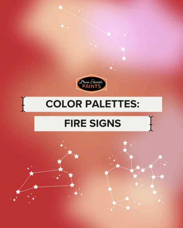 Expressive, regal and adventurous—just like the fire signs themselves. Our Aries, Leo and Sagittarius-inspired color palettes channel the energy of fiery reds, the warm of orange shades and cool toned pops of color.Swipe through to find the palette that matches your fire sign & leave us a comment with your thoughts!#dunnedwards #dunnedwardspaints #colorpalette #colorinspiration #zodiac #firesigns #leo #aries #sagittarius