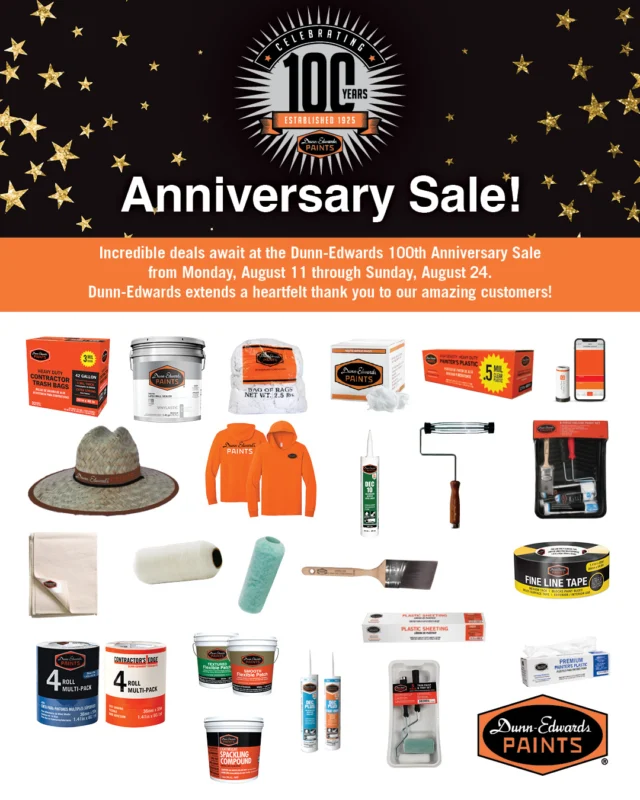 It's our birthday and we want to celebrate with you! 🎂From August 11th - August 24th, we're discounting select sundries and making our VINYLASTIC Plus 3.5 gallon bucket available for only $39! This sale will only be available for a limited time, so don't miss out on our birthday present to all of you! Thank you to everyone who has been alongside us for these past 100 years. Here's to 100 more! 🥳Visit the link in our bio or contact your local Dunn-Edwards store for more details.