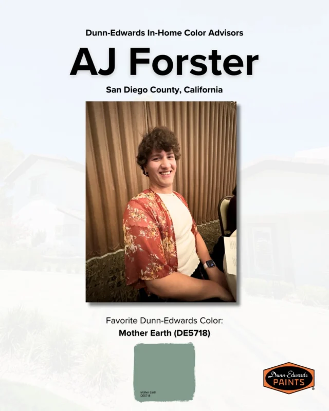Get to know AJ Forster, one of our In-Home Color Advisors based out of San Diego County!Born and raised in San Diego, AJ knew when he graduated high school in 2018 that he was interested in design. His journey would take him to the Design Institute of San Diego before receiving his BFA in interior design at Cuyamaca College and ultimately joining the Dunn-Edwards Professional Color Advisor team. Click the link in our bio to learn more about AJ, his vision for his clients, and how he spends his free time outside of work. Our Professional Color Advisor team exists to help customers with their color journey, no matter where they're at in the process. If you're looking for professional assistance for an upcoming color project, visit the Dunn-Edwards website and contact our team today!