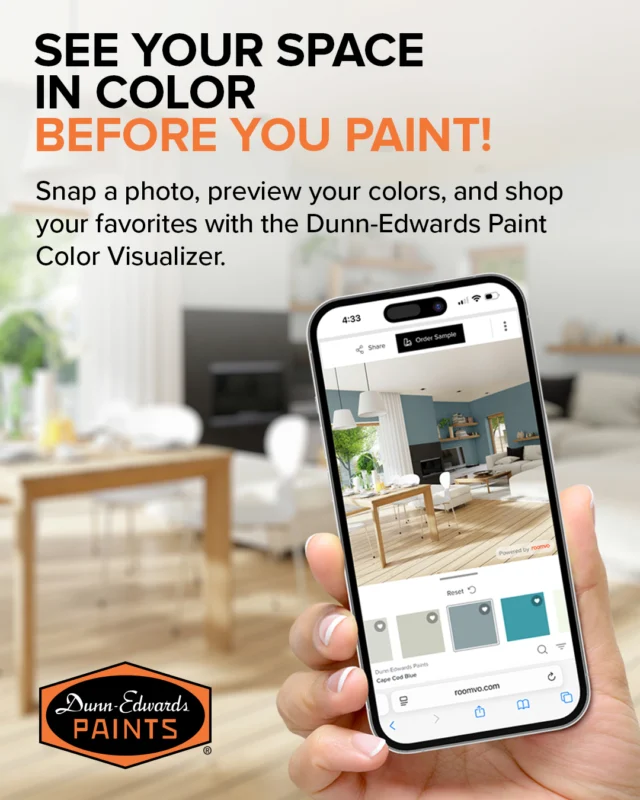 No more guesswork. The new Dunn-Edwards Paint Color Visualizer tool makes it easier than ever to see your space in color before you paint.Our new tool was designed for ease of use and delivers fast, realistic renderings in seconds. Instantly compare before and after room scenes and experiment with different colors, all in just a few clicks. Just upload your own photo or select one from the library, and let the Dunn-Edwards Paint Color Visualizer do the rest. Try it now and bring your vision to life!ES:No más conjeturas. La nueva herramienta, el Visualizador de colores de pintura Dunn-Edwards, facilita más que nunca ver su espacio en color antes de pintar.Nuestra nueva herramienta fue diseñada para ser fácil de usar y ofrece representaciones por computadora rápidas y realistas en segundos. Compare instantáneamente las escenas de la habitación antes y después y experimente con diferentes colores, todo en solo unos pocos clics. Solo suba su propia foto o seleccione una de la biblioteca, y deje que el Visualizador de colores de pintura de Dunn-Edwards haga el resto. ¡Pruébelo ahora y dele vida a su visión!