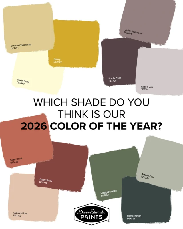 The countdown is on: our 2026 Color of the Year reveal is almost here! 📢 To select the perfect shade that embodies the coming year, our Color Experts considered a spectrum of shades like buttery yellows, lush greens and velvety purples. Each tells its own story of possibility, but which do you think we chose? Drop your guess below and mark your calendar for 10.09.25—the big reveal is coming soon!Be the first in the know! 🔗 Follow us + sign up for our newsletter to get the 2026 Color of the Year as soon as it drops (link in bio).#DunnEdwards #ColorOfTheYear #DesignInspiration #PaintColors #DECOTY2026
