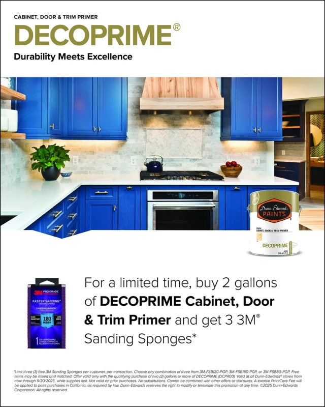 Just dropped: an exclusive offer for pros. 🔥Now through November 30, get 3 FREE 3M Sanding Sponges* when you buy 2 gallons of DECOPRIME Cabinet, Door & Trim Primer.ES:Acaba de salir: una oferta exclusiva para profesionales. 🔥Ahora hasta el 30 de noviembre, obtenga 3 esponjas de lijado 3M GRATIS* cuando compre 2 galones de imprimador para gabinetes, puertas y molduras DECOPRIME.