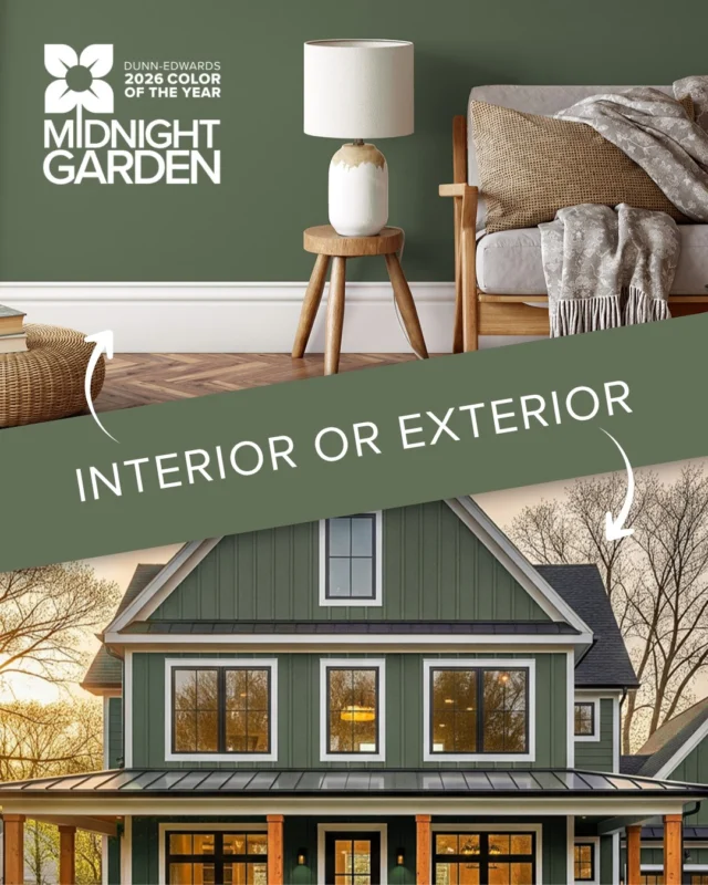 Midnight Garden (DE5657): Interior or Exterior—what's your favorite? 🌿 As the new neutral, our 2026 Color of the Year is the perfect verdant hue for grounding spaces and bringing nature indoors. This deep, muted green works everywhere, from cozy living rooms to stunning home exteriors.Swipe through to see how this versatile shade transforms both inside and out, then tell us: are you Team Interior or Team Exterior? Leave a comment letting us know!🔗 Step into the tranquility of Midnight Garden on DunnEdwards.com or tap the link in our bio.#DunnEdwards #ColorOfTheYear #DesignInspiration #PaintColors #DECOTY2026
