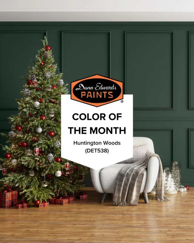 Meet our December Color of the Month: Huntington Woods (DET538) 🌲 A dark, cool-toned forest green paint color, Huntington Woods (DET538) brings a rich aesthetic to any space. Use it on it's own or try pairing it with Rest Easy (DEGR43) and Fossil (DE6225) for a paint color palette that feels cozy and balanced.✨Shop Huntington Woods (DET538) via our website or your local Dunn-Edwards store✨#dunnedwards #dunnedwardspaints #ColorOfTheMonth #PaintPerfection #HomeDecor #InteriorDesign #paintcolorinspiration #paintcolors